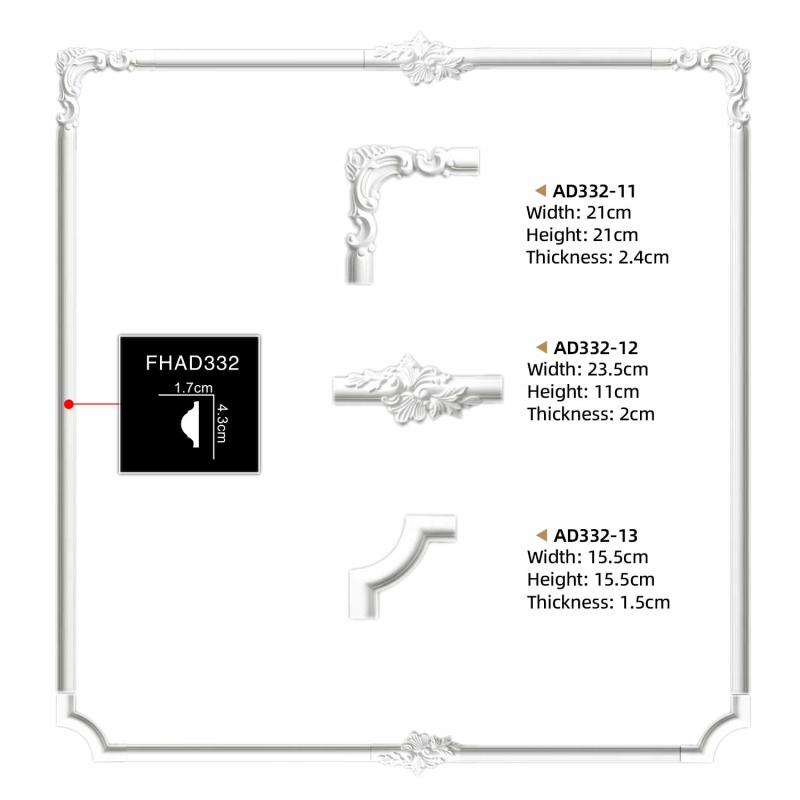 AD332-13 Polyurethane Classic Style Corner Applique for Door Frame and Wall Decor