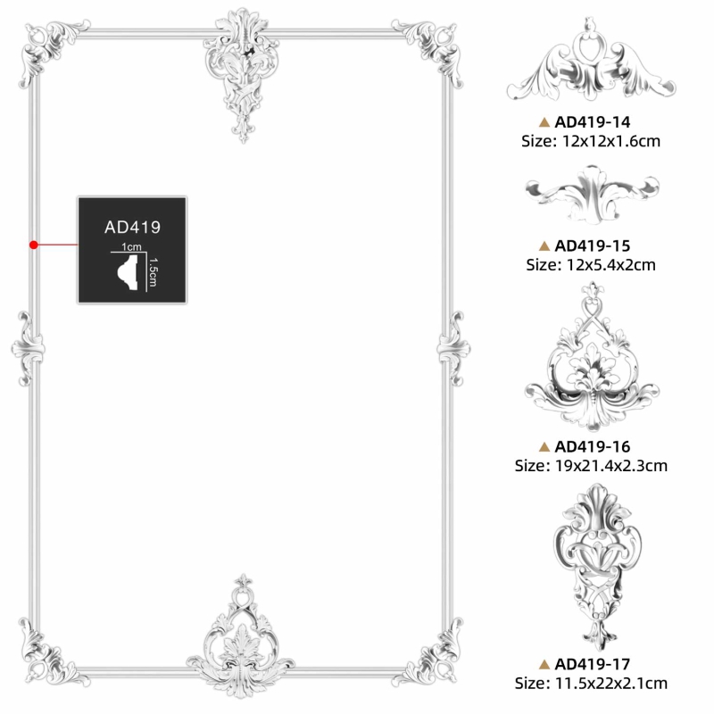 AD419-14 Polyurethane Classic Style Corner Applique for Decorative Wall Panels